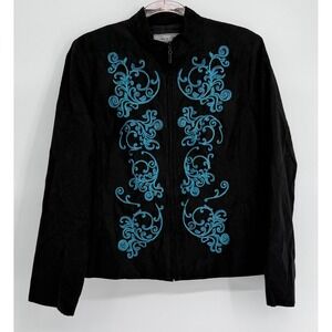 Arch‎ Hill Womens Black Faux Suede Turquoise Embroidered Zip Jacket Sz L